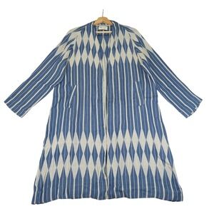 Maria Stanley Verde Coat Duster Open Front Jacket Sweater Large Indigo Print AOP